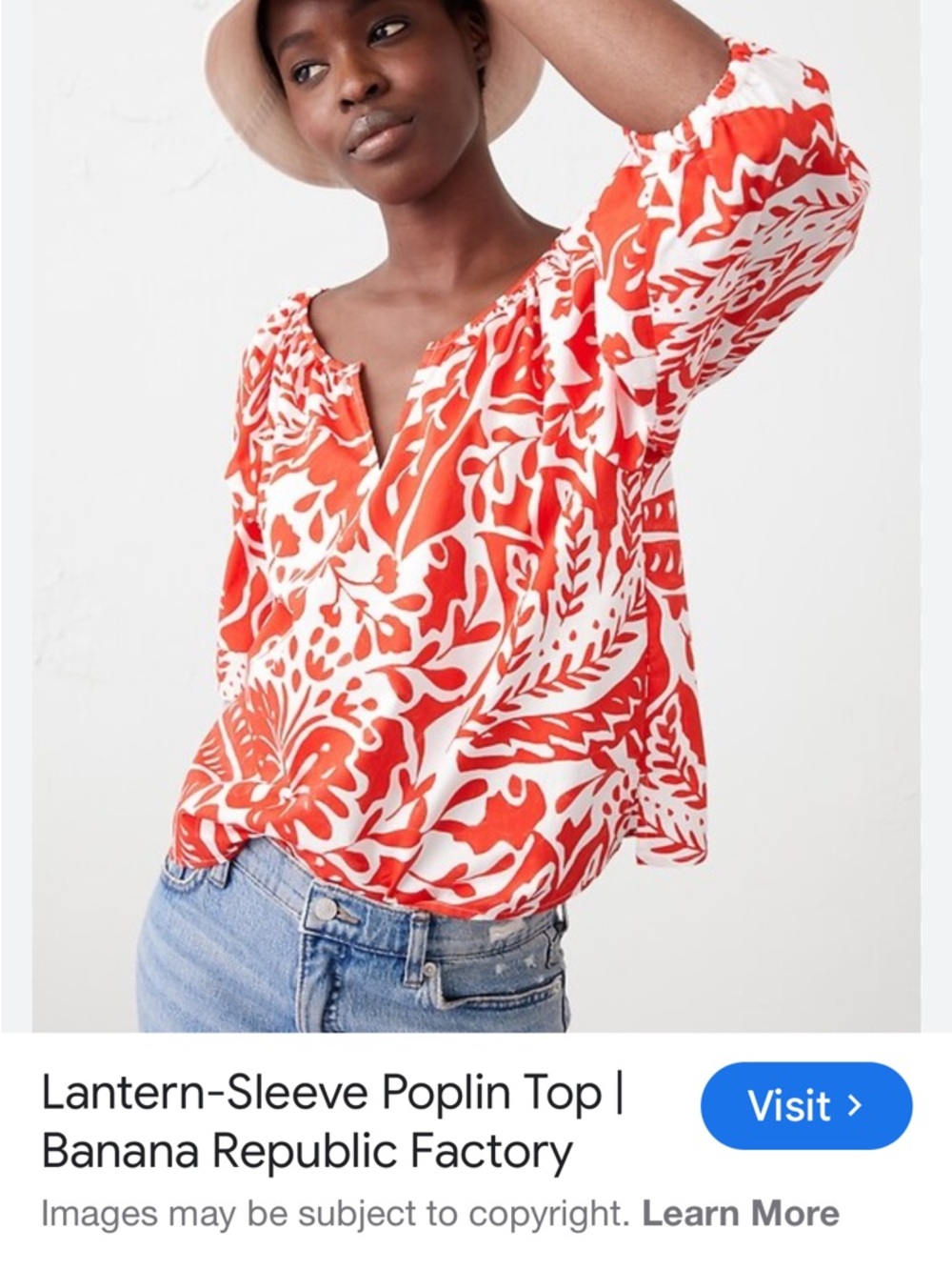 Banana Republic Red & White Floral Lantern-Sleeve Poplin Blouse